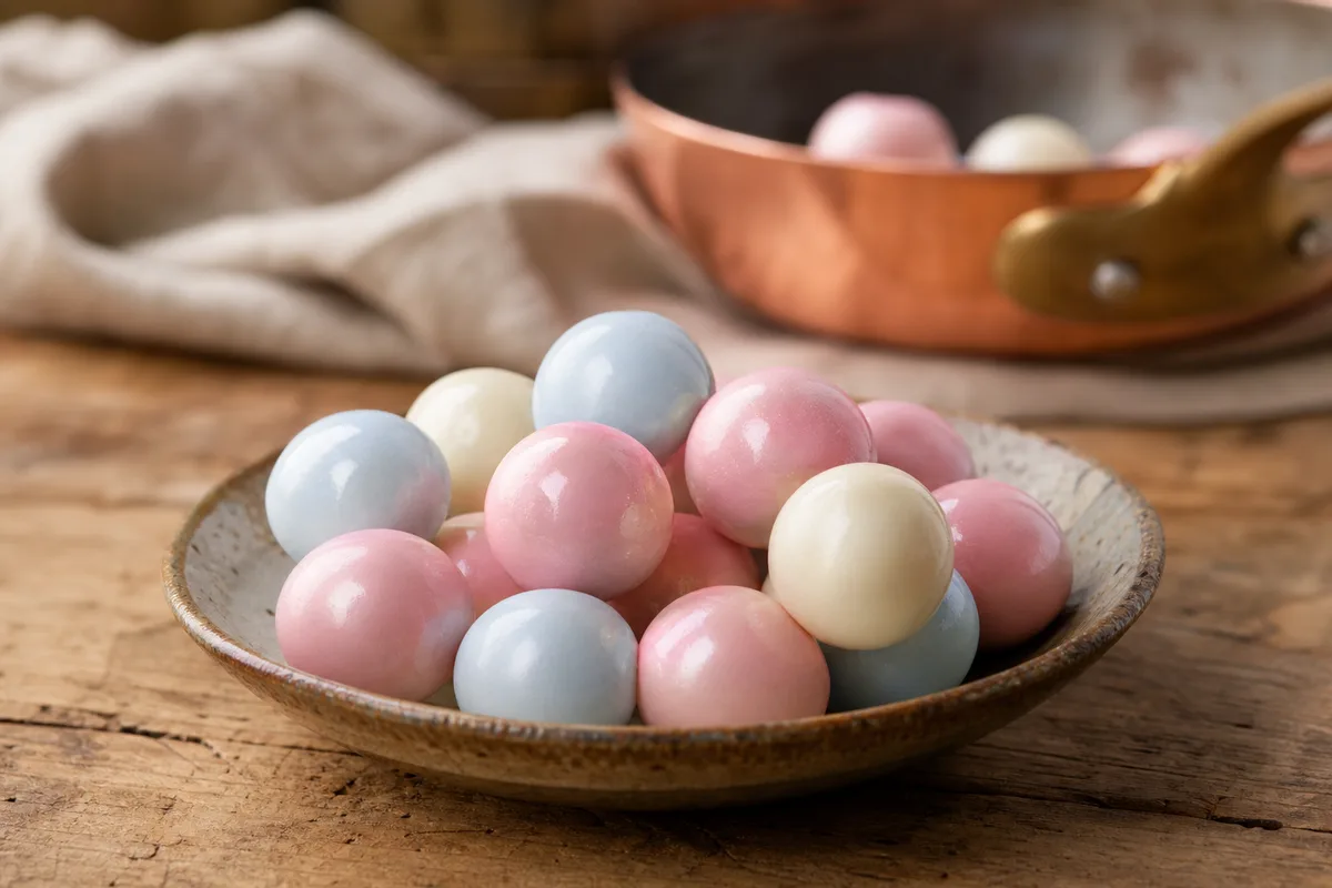 Forestines de Bourges : bonbons pralinés à la coque satinée en gros plan